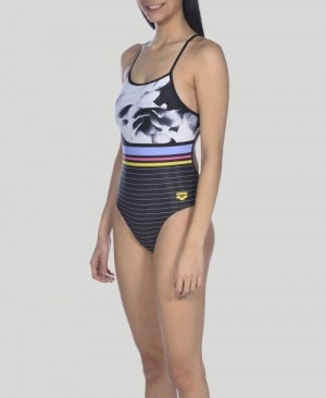 Dámské Body Arena Dark Floral Stripes Accelerate Back One Piece Černé Viacfarebný | 9123-RPXJN