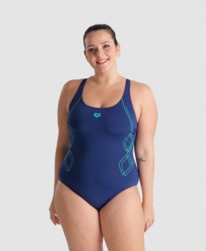Dámské Body Arena Graphic V Back Plus One Piece Tmavě Blankyt | 9248-MUDAX