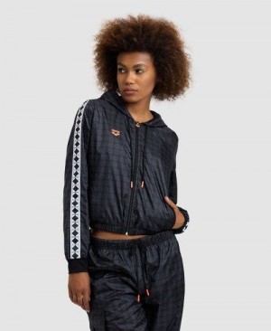 Dámské Bundy Arena 50th Anniversary Cropped Long Sleeve Hooded Jacket Černé Viacfarebný Černé Bílé | 4617-PMHGE