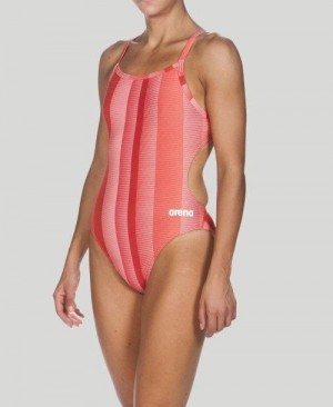 Dámské Plavky Arena Blended Stripe Challenge Back - Maxlife Červené | 1309-FKOGZ