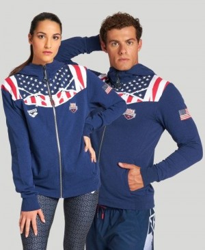 Pánské Bundy Arena Usa Swimming Team Kit Hooded Zip Jacket Tmavě Blankyt | 0614-JDLIF